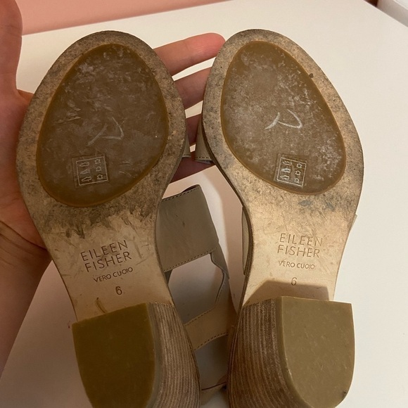Eileen Fisher Wooden Heel Strappy Wedge Sandal Neutral Beige Size 6 - Picture 8 of 9